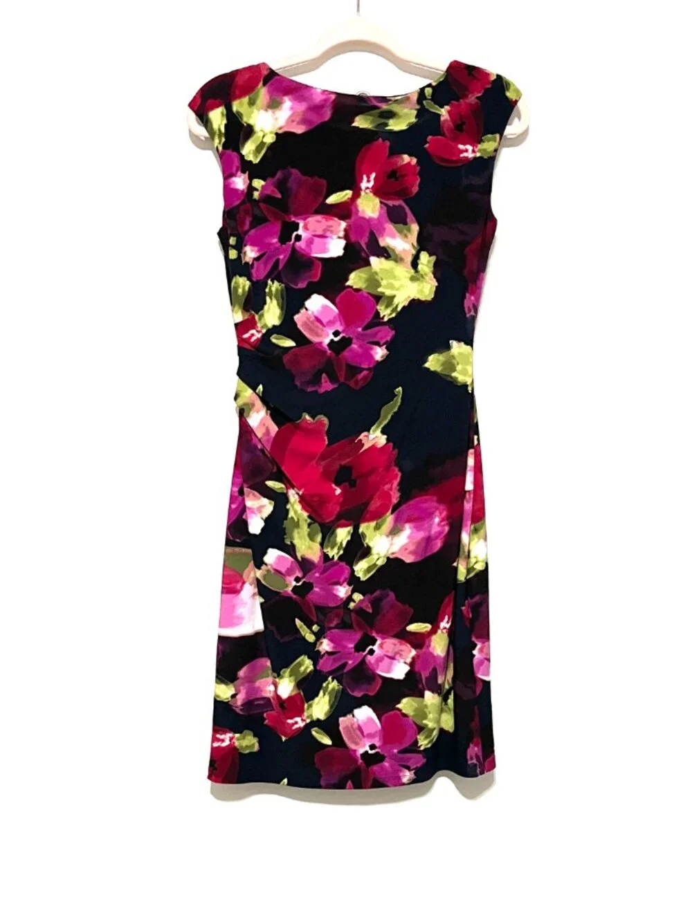 LRL Ralph Lauren Ruched Cowl Dress 4 Dark Floral 90s Elegant Party Secretary